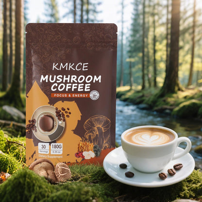 KMKCE Bio-Pilz-Kaffee mit 6 Bio-Pilzen: Löwenmähne, Reishi, Cordyceps, Shitake, King Trumpet & Turkey Tail – Instant-Kaffeepulver für Energie, Verdauung & Immununterstützung, 30 Portionen