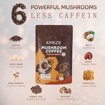 KMKCE Bio-Pilz-Kaffee mit 6 Bio-Pilzen: Löwenmähne, Reishi, Cordyceps, Shitake, King Trumpet & Turkey Tail – Instant-Kaffeepulver für Energie, Verdauung & Immununterstützung, 30 Portionen