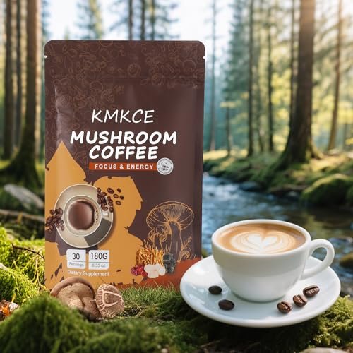 KMKCE Bio-Pilz-Kaffee mit 6 Bio-Pilzen: Löwenmähne, Reishi, Cordyceps, Shitake, King Trumpet & Turkey Tail – Instant-Kaffeepulver für Energie, Verdauung & Immununterstützung, 30 Portionen
