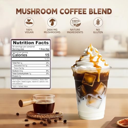 KMKCE Bio-Pilz-Kaffee mit 6 Bio-Pilzen: Löwenmähne, Reishi, Cordyceps, Shitake, King Trumpet & Turkey Tail – Instant-Kaffeepulver für Energie, Verdauung & Immununterstützung, 30 Portionen