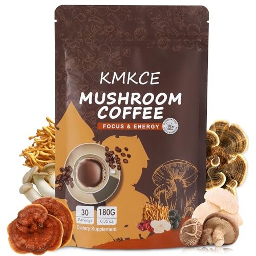 KMKCE Bio-Pilz-Kaffee mit 6 Bio-Pilzen: Löwenmähne, Reishi, Cordyceps, Shitake, King Trumpet & Turkey Tail – Instant-Kaffeepulver für Energie, Verdauung & Immununterstützung, 30 Portionen