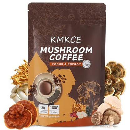 KMKCE Bio-Pilz-Kaffee mit 6 Bio-Pilzen: Löwenmähne, Reishi, Cordyceps, Shitake, King Trumpet & Turkey Tail – Instant-Kaffeepulver für Energie, Verdauung & Immununterstützung, 30 Portionen