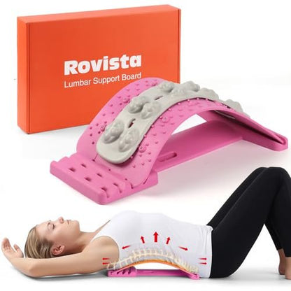 Premium Rückenstrecker für Linderung von Schmerzen im unteren Rücken – 4-stufig verstellbare Lordosestütze mit weichem EVA-Massagestreifen – Langlebig & tragbar zur Entspannung von Verspannungen (Pink)