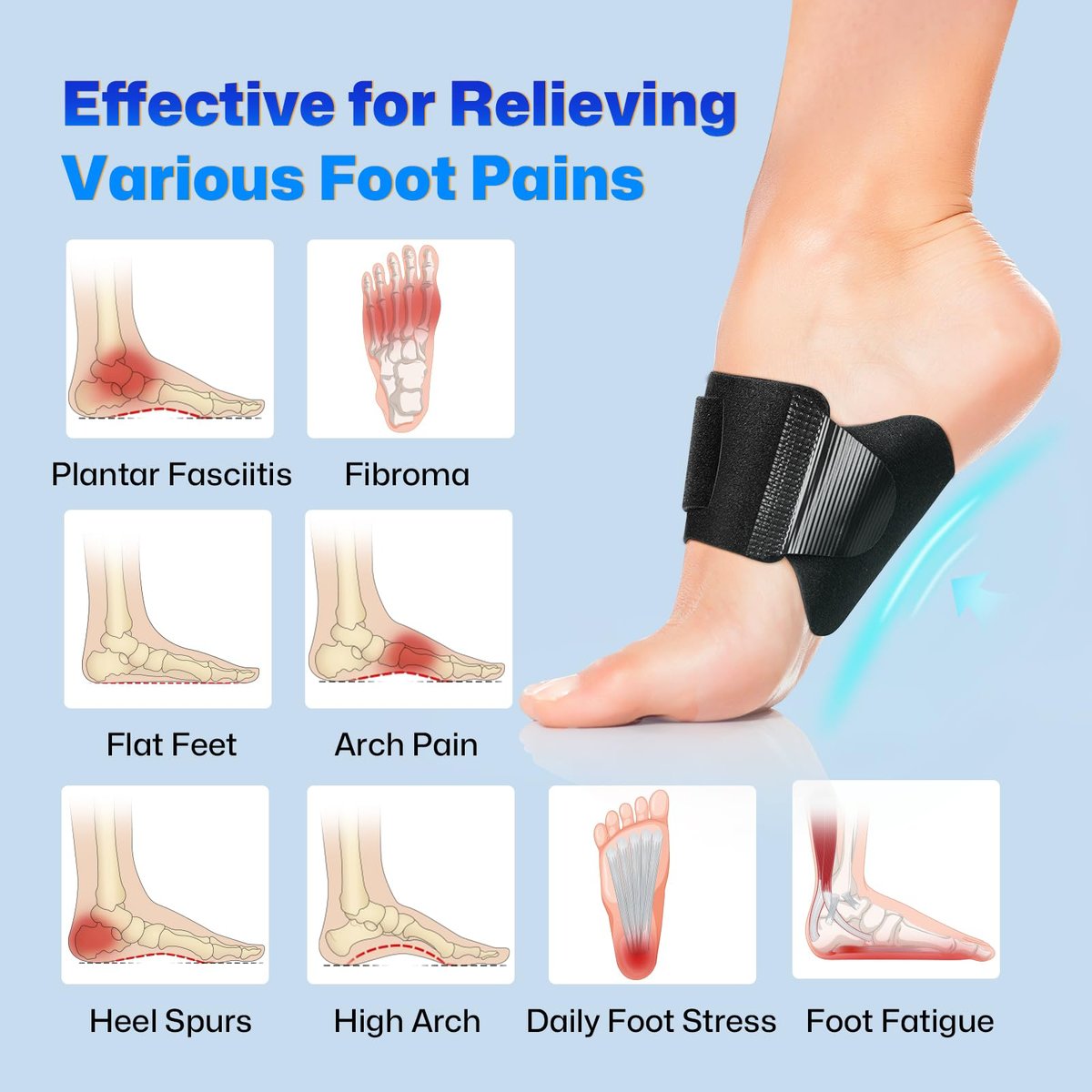 NEVVIS Fußgewölbe-Stütze mit austauschbaren Gel-Polstern, verstellbare orthopädische Fußgewölbe-Stütze für Damen und Herren, Linderung von Plantarfasziitis, hohem Fußgewölbe, Plattfüßen, Fußermüdung, Fußschmerzen, 4 Polster mit 2 Höhen
