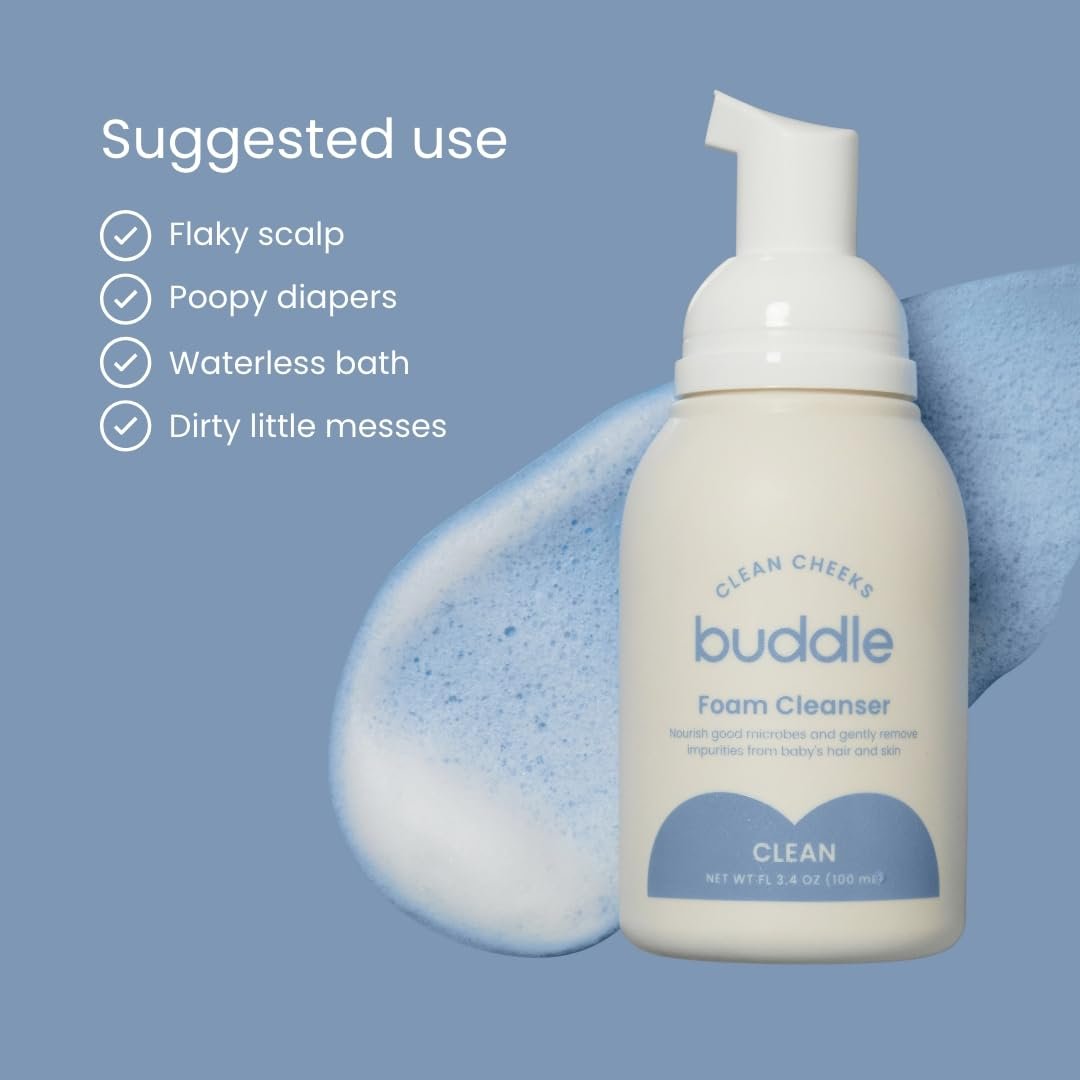 Buddle Clean Cheeks Baby Mizellen-Reinigungsschaum ohne Abspülen mit Kamille, Hamamelis, Arnika, Hautbarriere unterstützend, 100 ml
