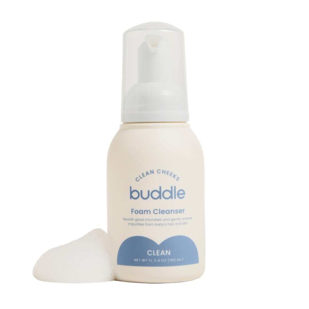 Buddle Clean Cheeks Baby Mizellen-Reinigungsschaum ohne Abspülen mit Kamille, Hamamelis, Arnika, Hautbarriere unterstützend, 100 ml